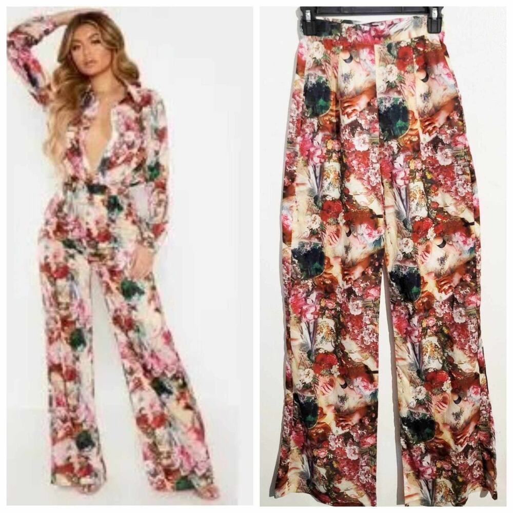 PrettyLittleThing Rose Femme Renaissance Print Wide Leg Pants 2